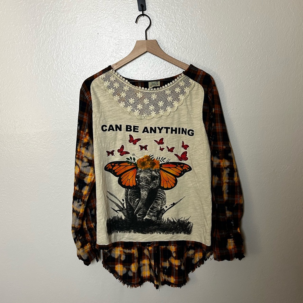 Plaid Sleeve Elephant Print Blouse - Orange and Black